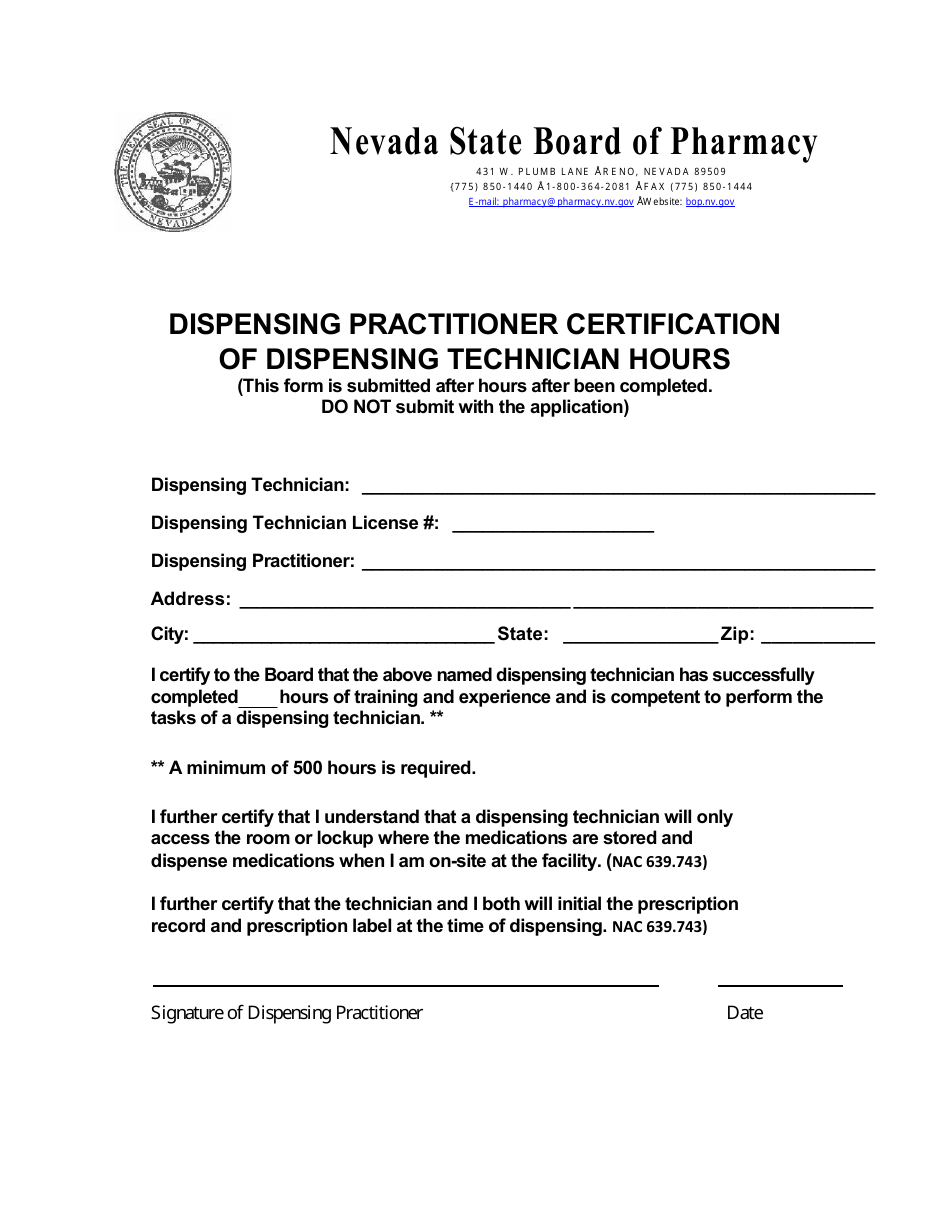 Dispensing Practitioner Certification of Dispensing Technician Hours - Nevada, Page 1