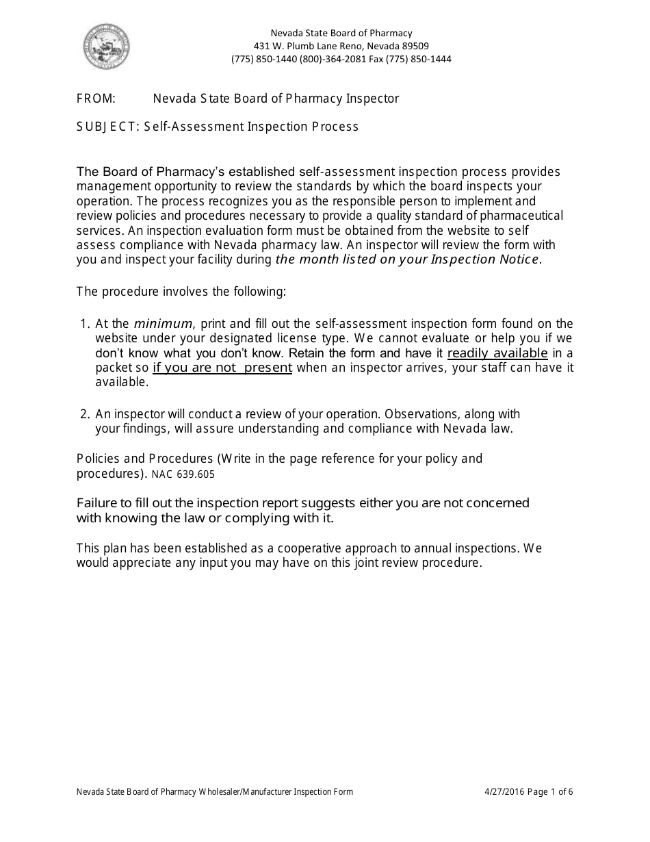 Wholesaler / Manufacturer Inspection Form - Nevada, Page 1