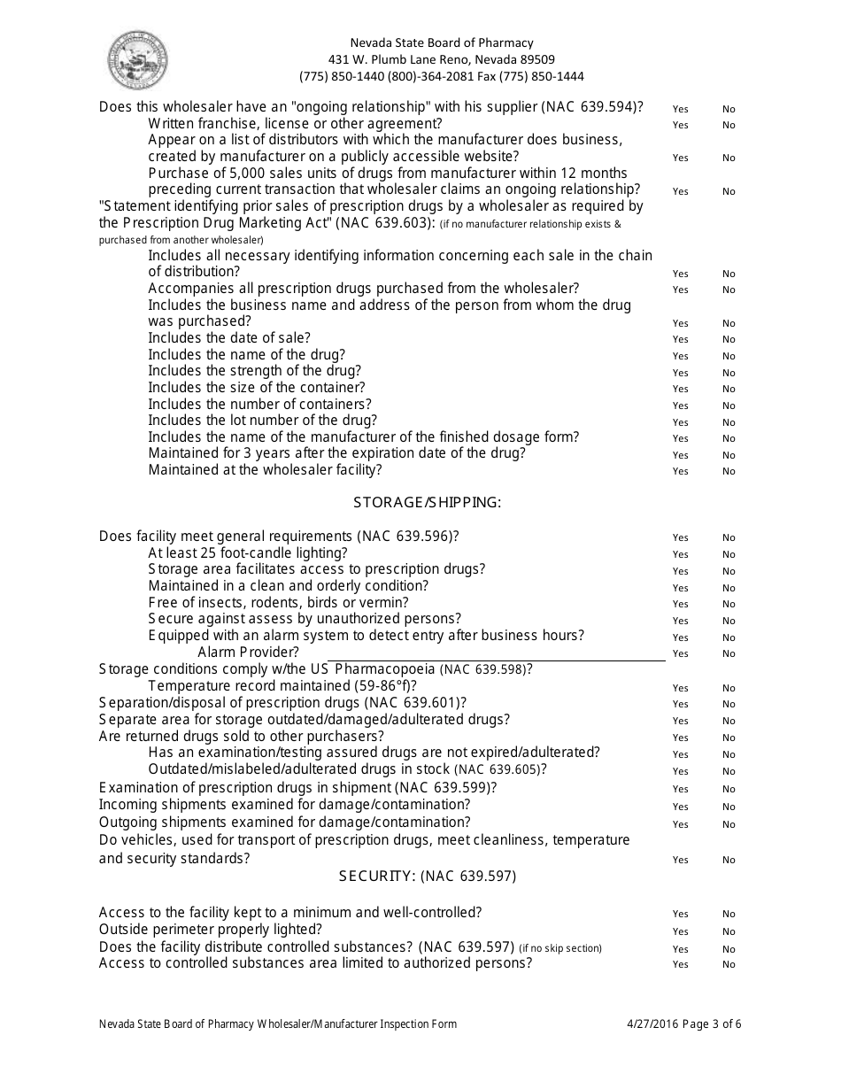 Wholesaler / Manufacturer Inspection Form - Nevada, Page 3