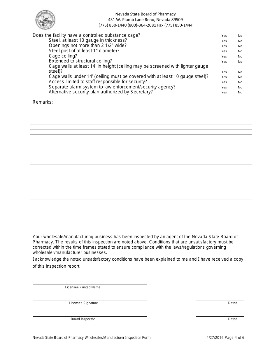 Wholesaler / Manufacturer Inspection Form - Nevada, Page 4