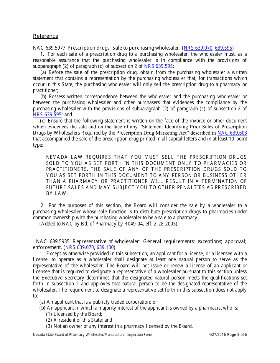 Wholesaler / Manufacturer Inspection Form - Nevada, Page 5