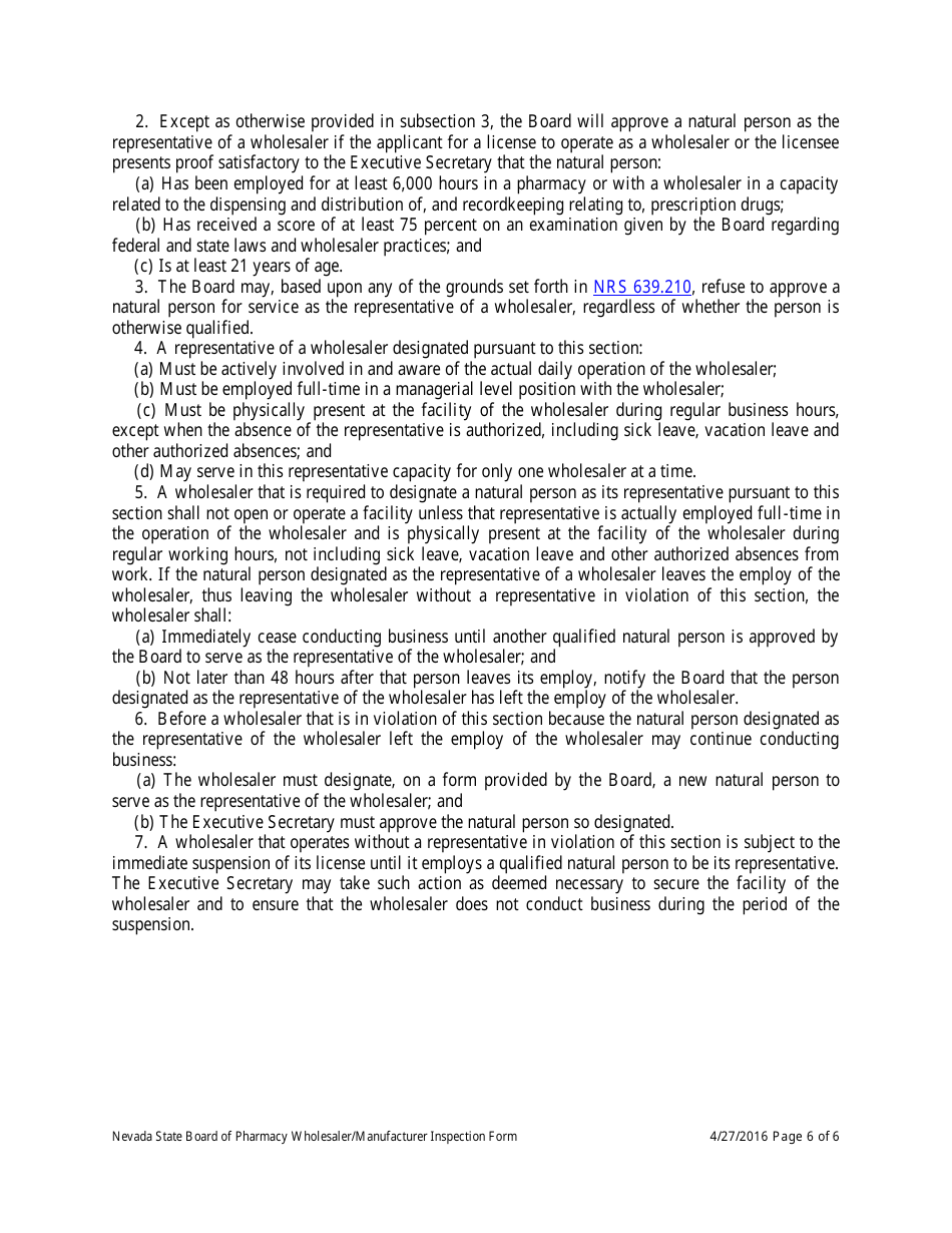 Wholesaler / Manufacturer Inspection Form - Nevada, Page 6