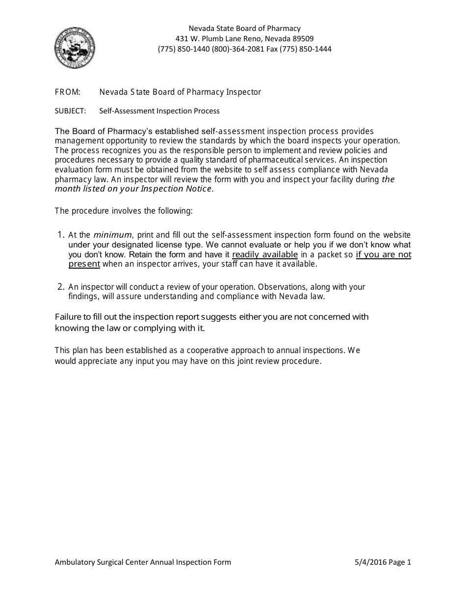 Ambulatory Surgical Center Annual Inspection Form - Nevada, Page 1