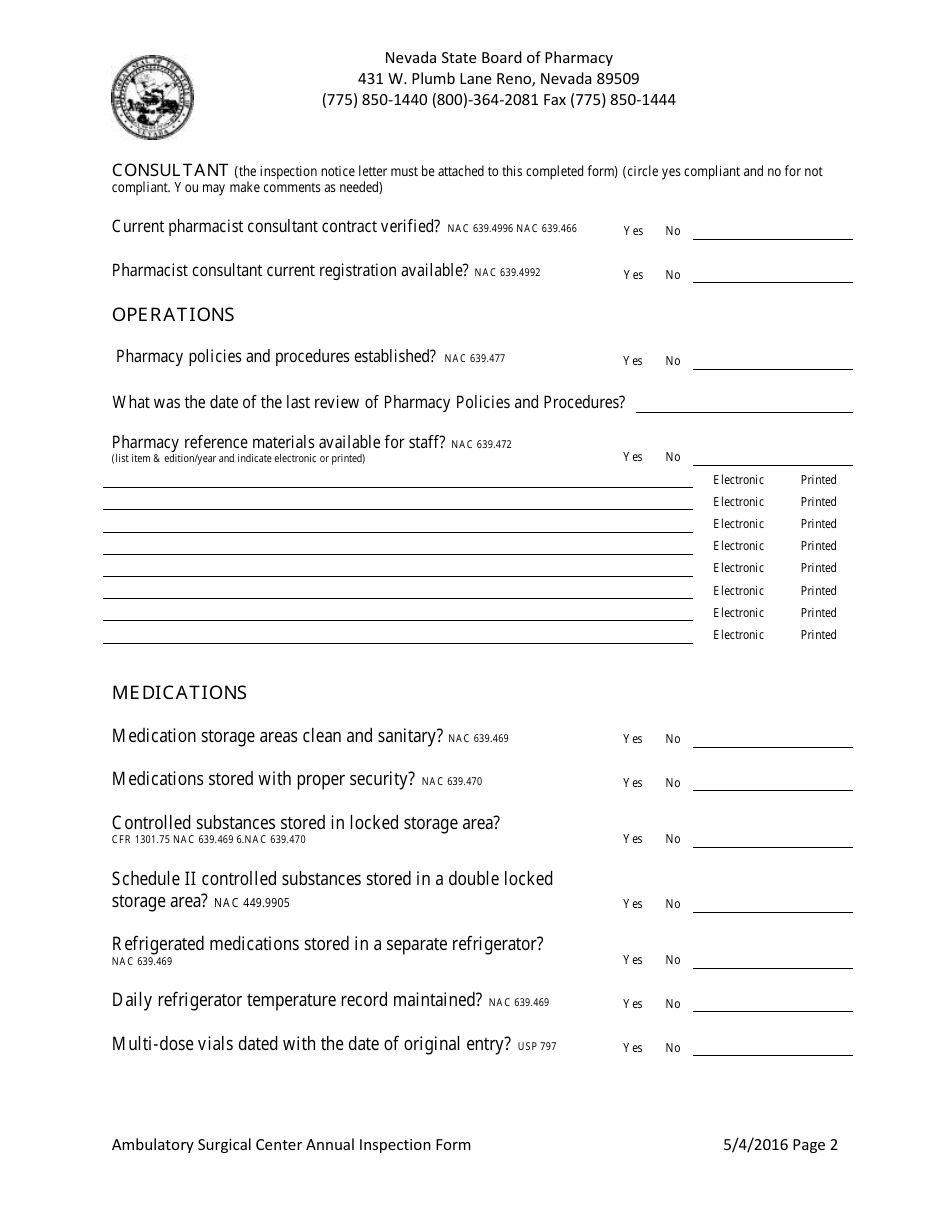 Ambulatory Surgical Center Annual Inspection Form - Nevada, Page 2