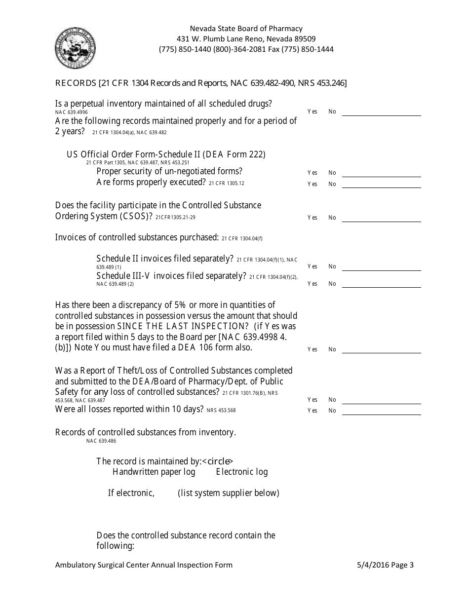 Ambulatory Surgical Center Annual Inspection Form - Nevada, Page 3
