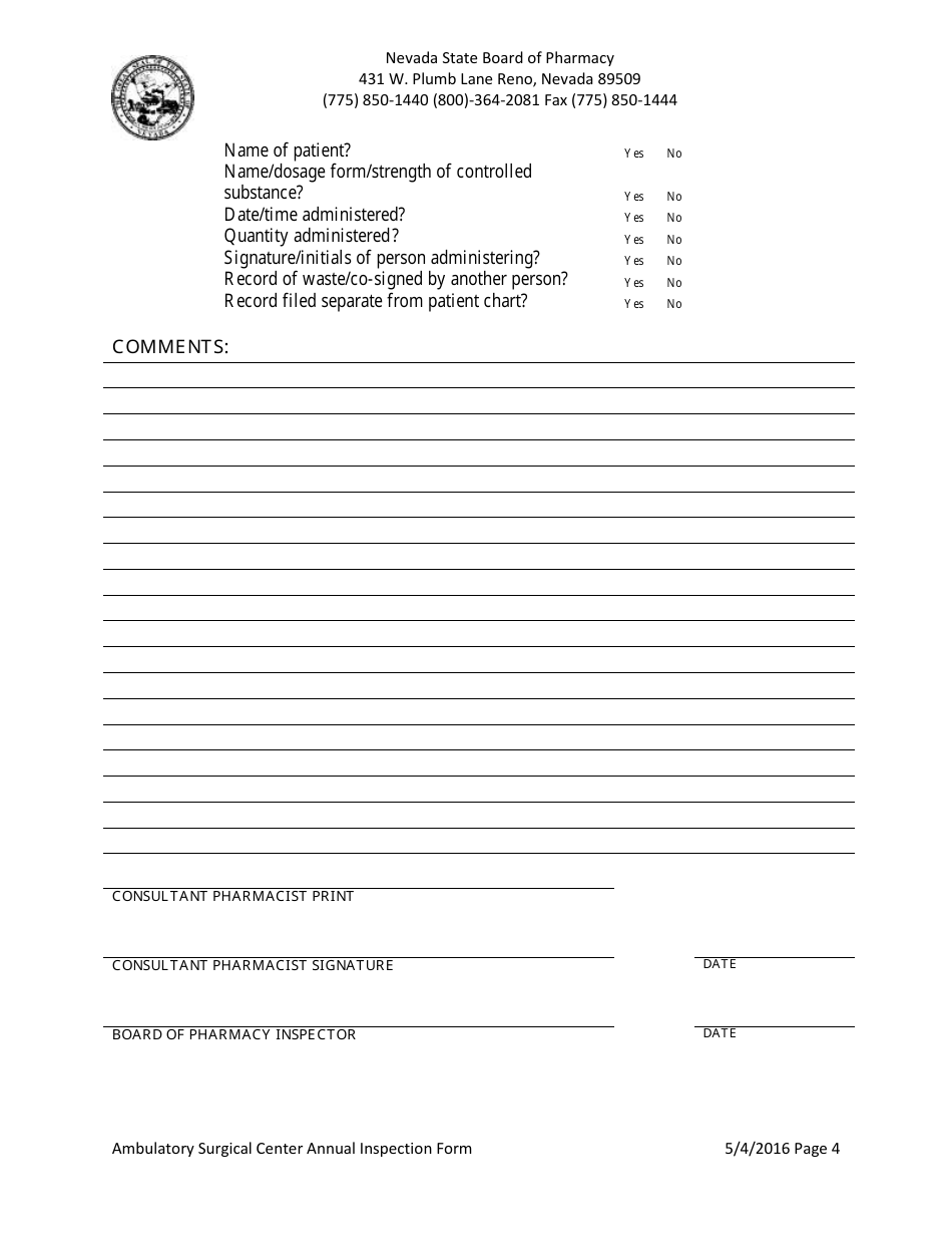 Ambulatory Surgical Center Annual Inspection Form - Nevada, Page 4