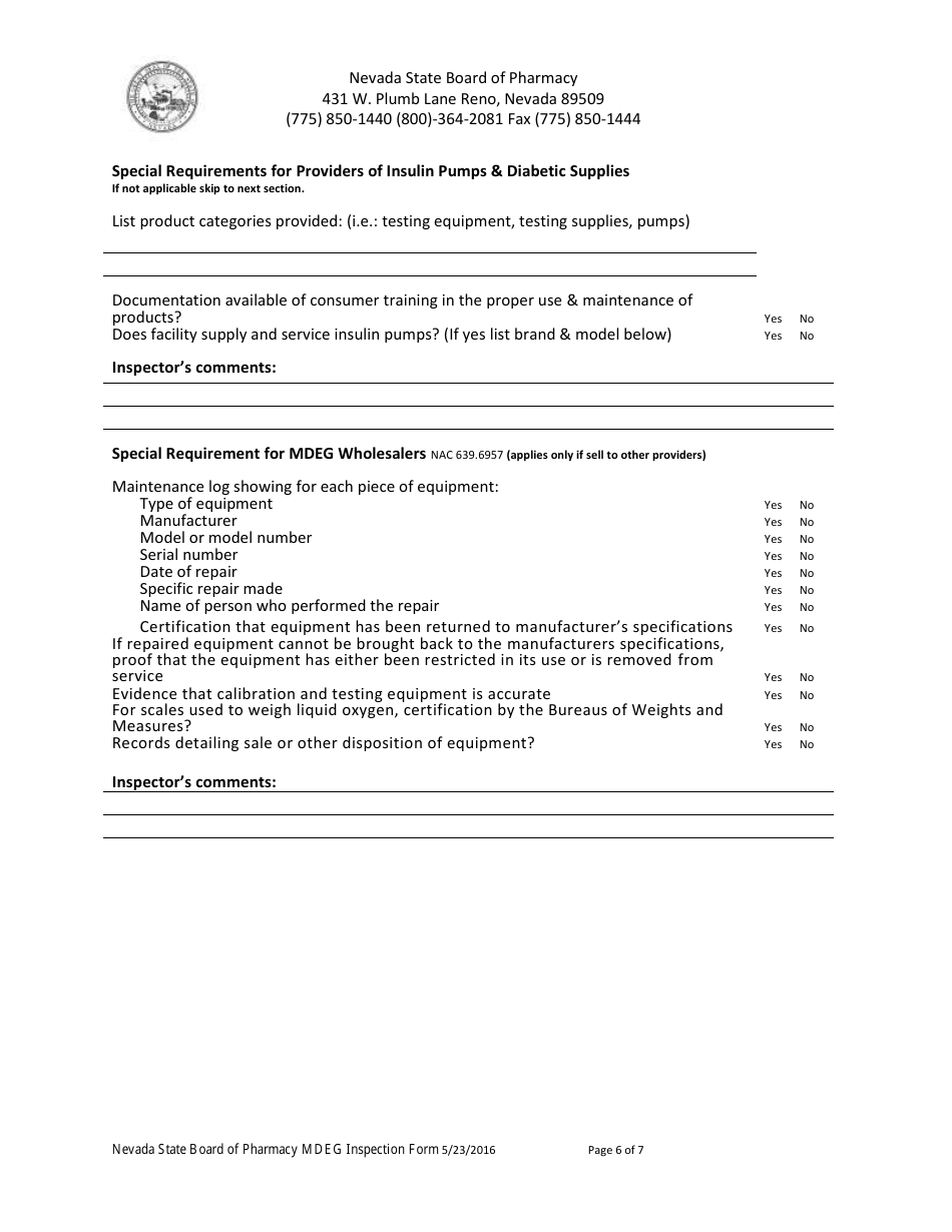 Mdeg Inspection Form - Nevada, Page 6
