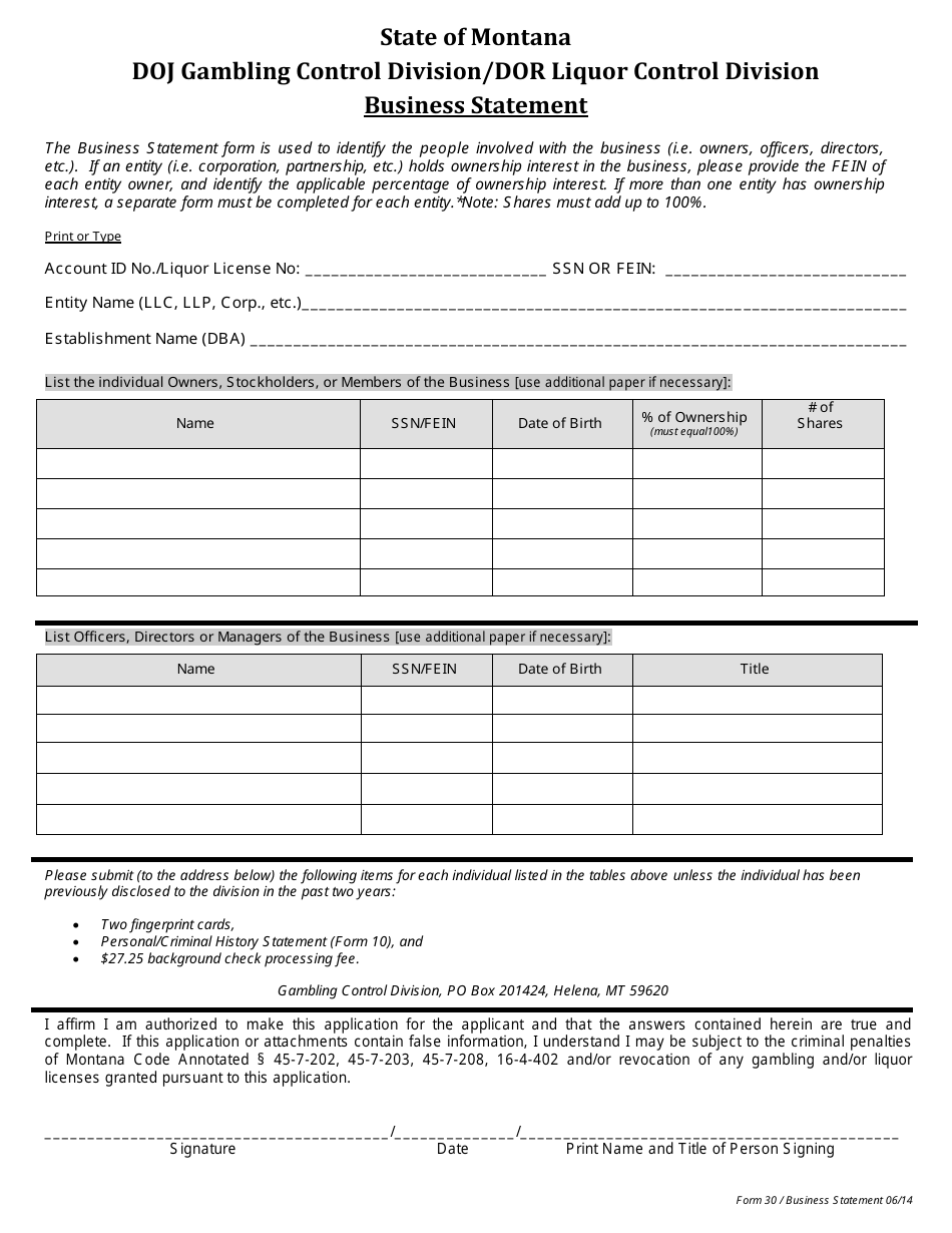 Form 30 Business Statement - Montana, Page 1