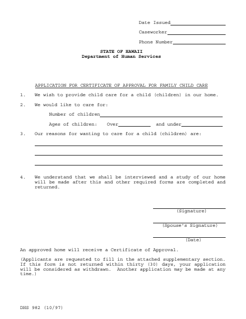 Form DHS982 Application for Certificate of Approval for Family Child Care - Hawaii