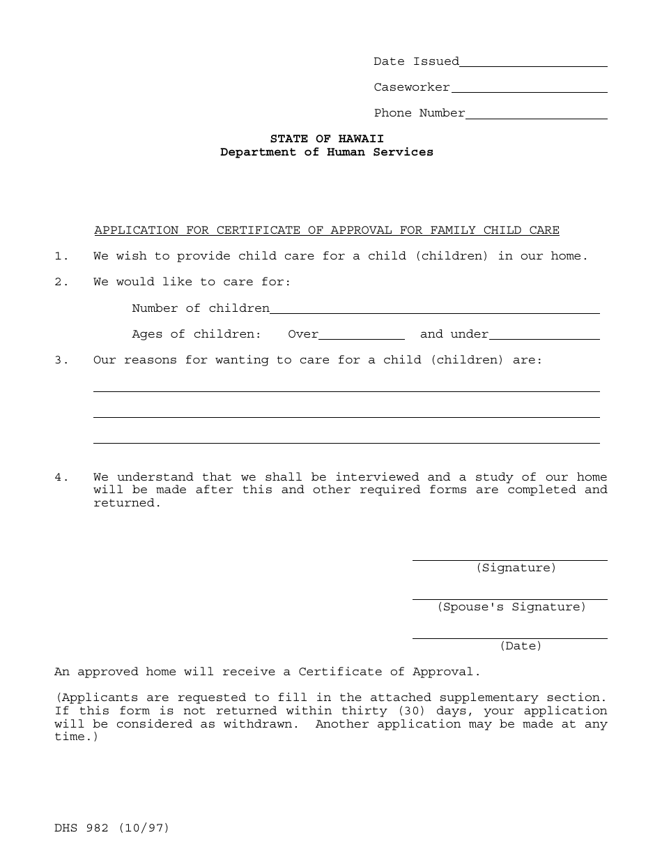 Form DHS982 Application for Certificate of Approval for Family Child Care - Hawaii, Page 1
