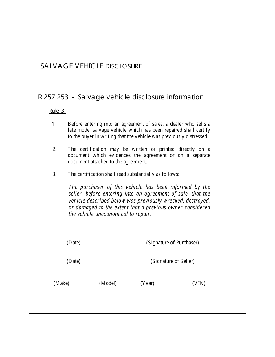 Salvage Vehicle Disclosure - Michigan, Page 1