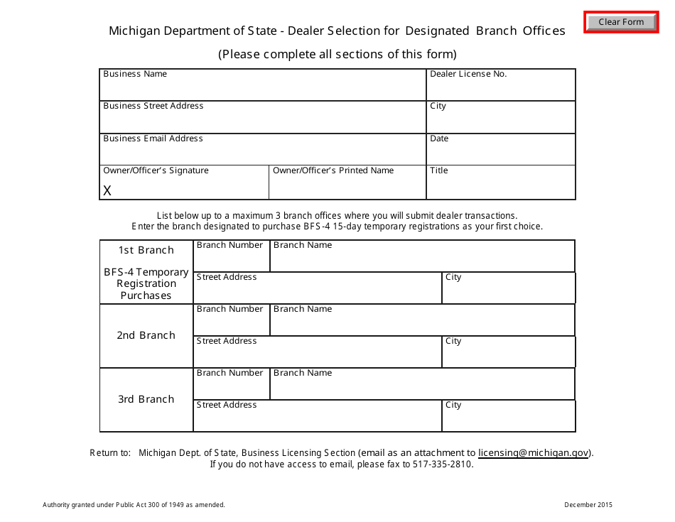 Dealer Selection for Designated Branch Offices - Michigan, Page 1