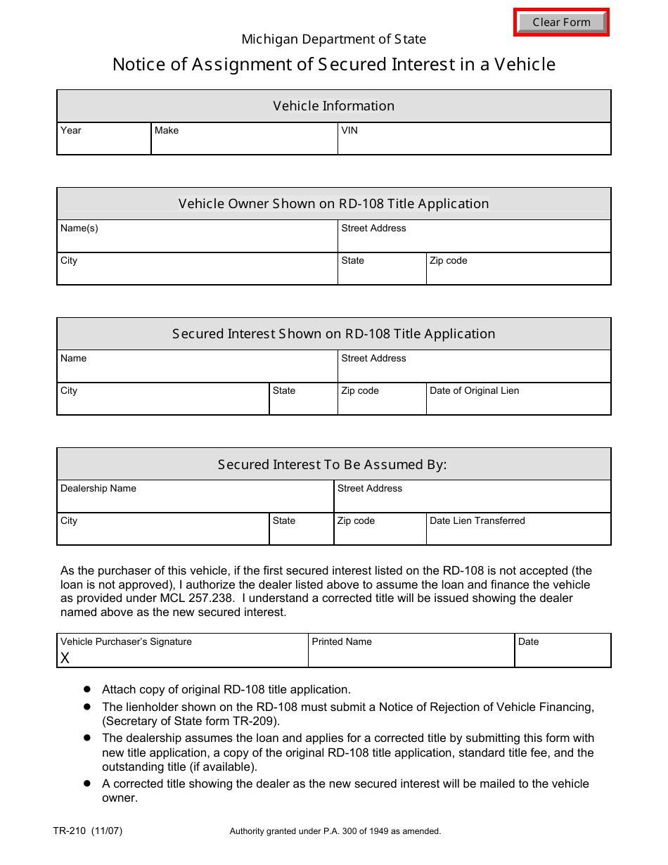 Form TR-210 Notice of Assignment of Secured Interest in a Vehicle - Michigan, Page 1