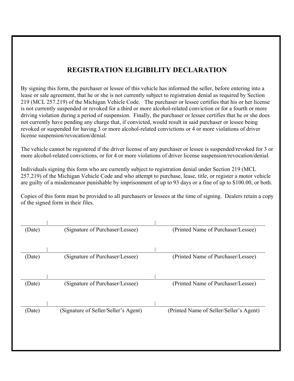 Registration Eligibility Declaration - Michigan, Page 1