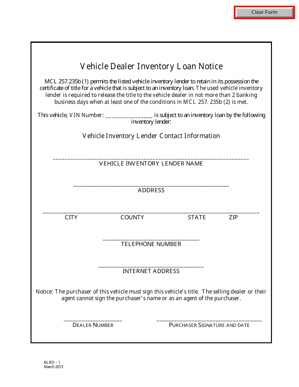 Form BLRD-1 Vehicle Dealer Inventory Loan Notice - Michigan, Page 1
