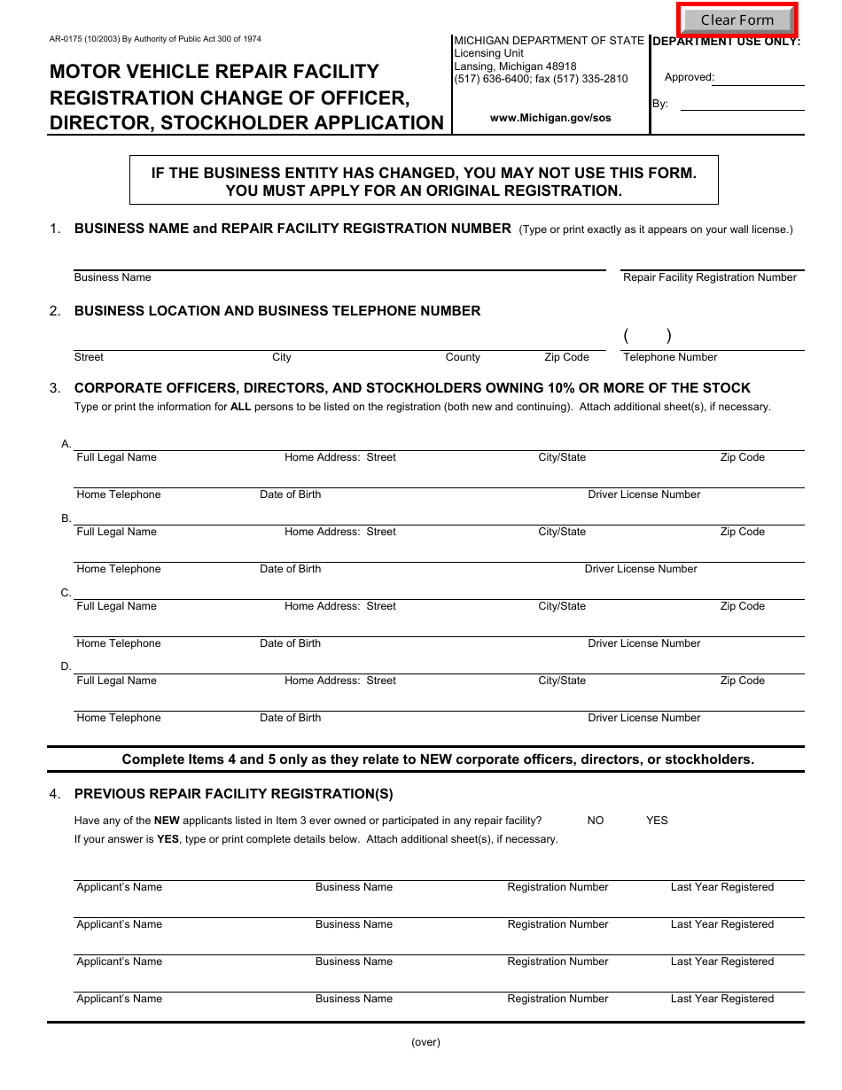 Form AR-0175 Repair Facility Change of Officer, Director, Stockholder Application - Michigan, Page 1