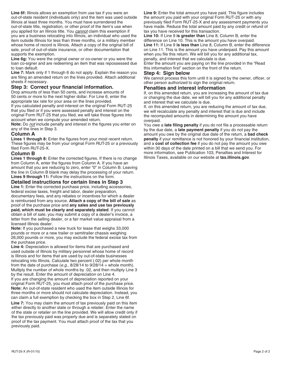 Instructions for Form RUT-25-X Amended Vehicle Use Tax Transaction Return - Illinois, Page 2