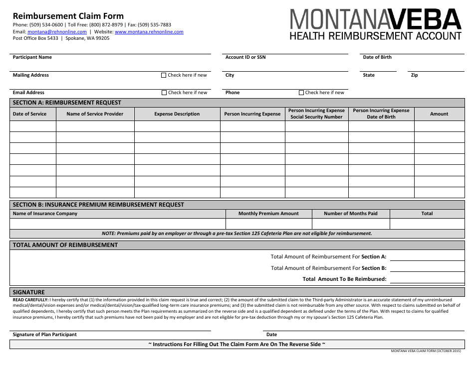 Reimbursement Claim Form - Montana, Page 1