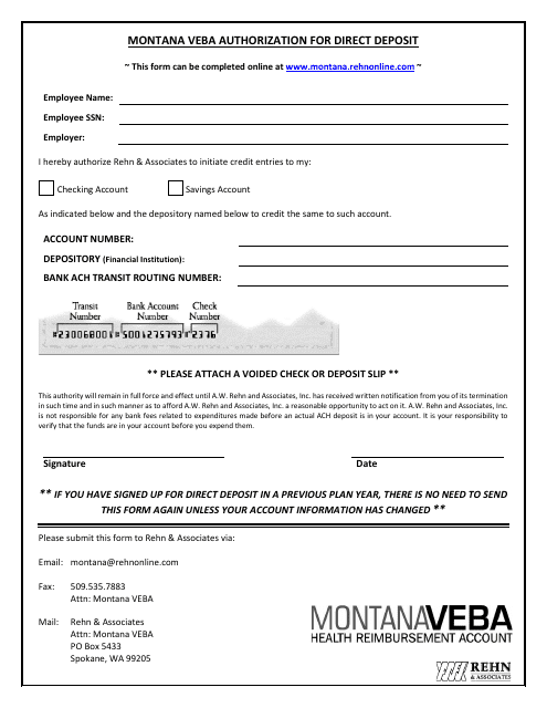 Montana Veba Authorization for Direct Deposit - Montana Download Pdf