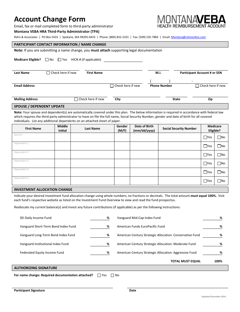 Account Change Form - Montana, Page 1
