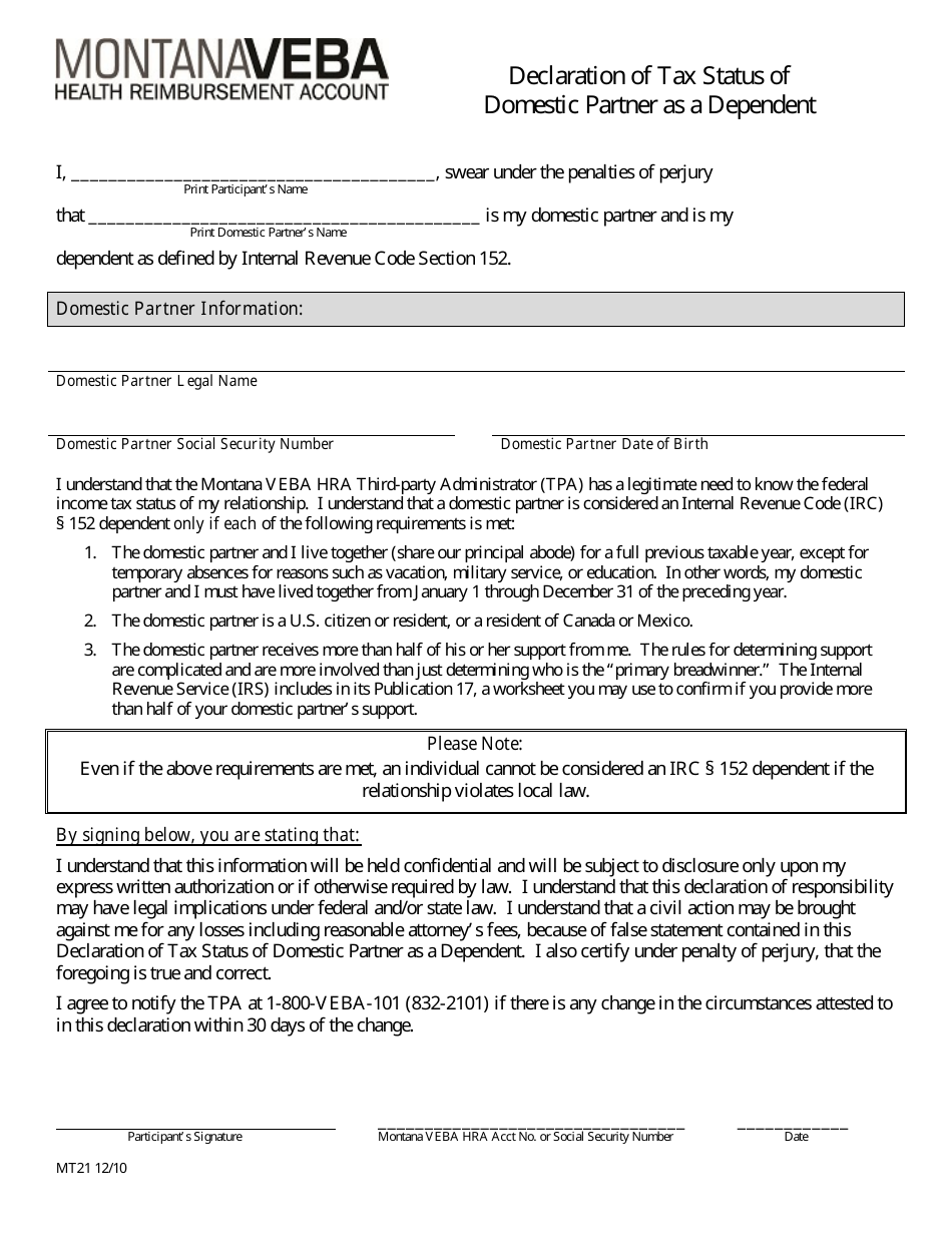 Form MT21 Declaration of Tax Status of Same-Sex Domestic Partner as a Dependent - Montana, Page 1