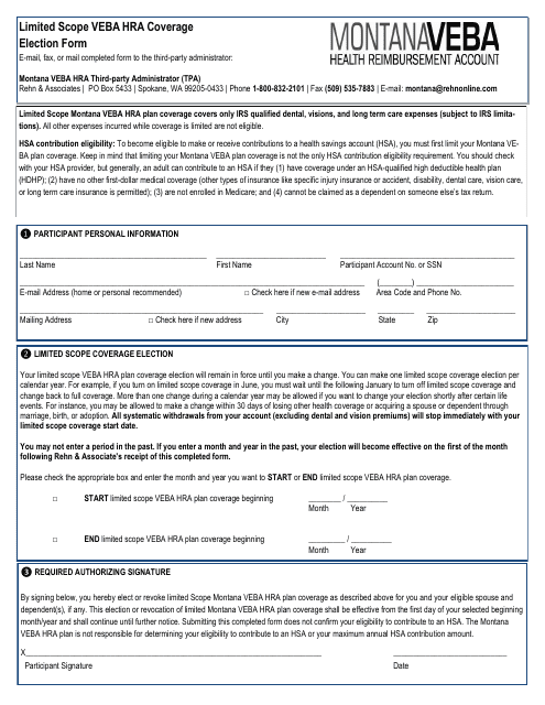 Limited Scope Veba HRA Coverage Election Form - Montana Download Pdf