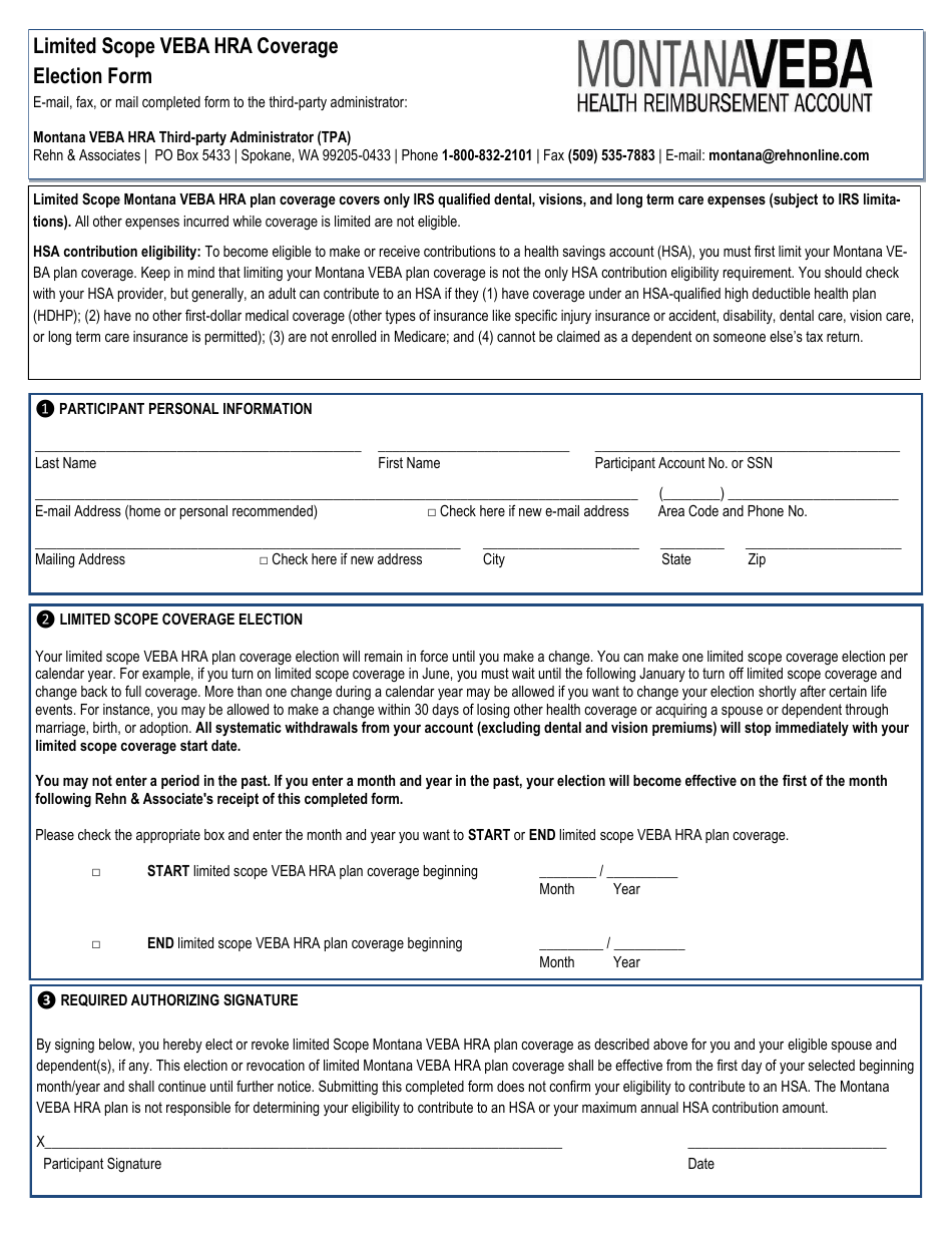 Limited Scope Veba HRA Coverage Election Form - Montana, Page 1