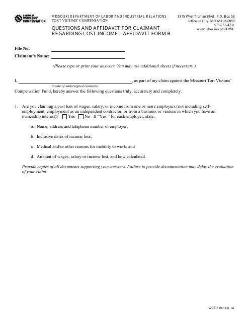 Form WCT-3 Affidavit B  Printable Pdf