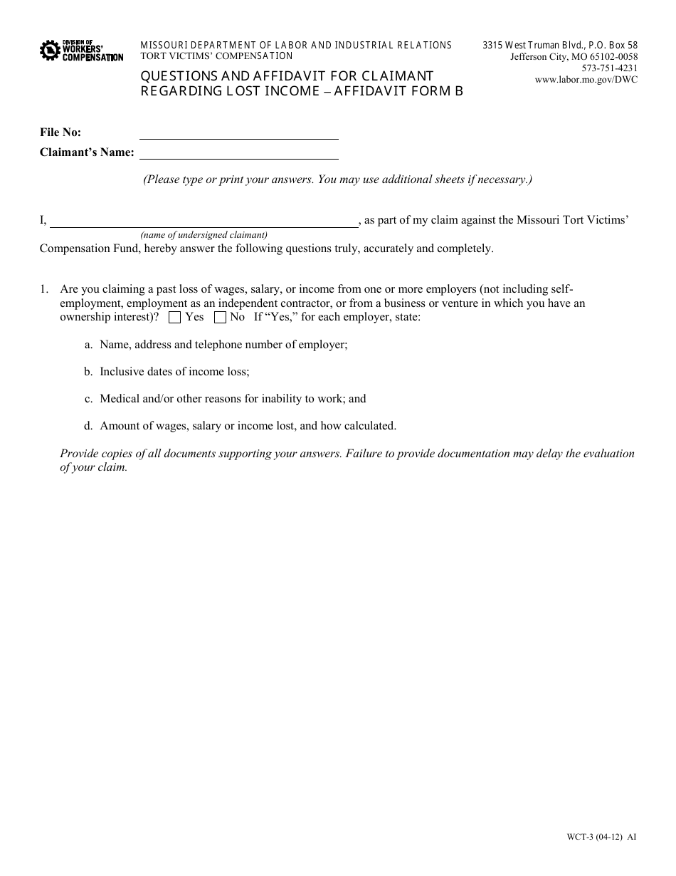 Form WCT-3 Affidavit B Questions and Affidavit for Claimant Regarding Lost Income - Missouri, Page 1
