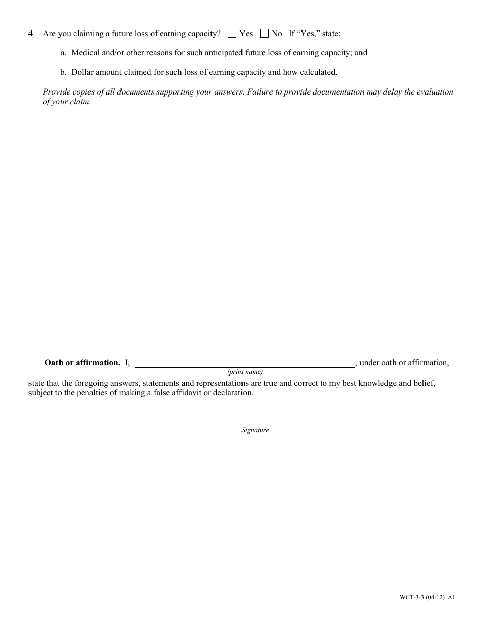 Form WCT-3 Affidavit B Questions and Affidavit for Claimant Regarding Lost Income - Missouri, Page 3