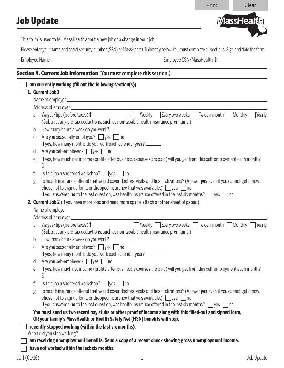 Form JU-1 Job Update - Massachusetts, Page 1