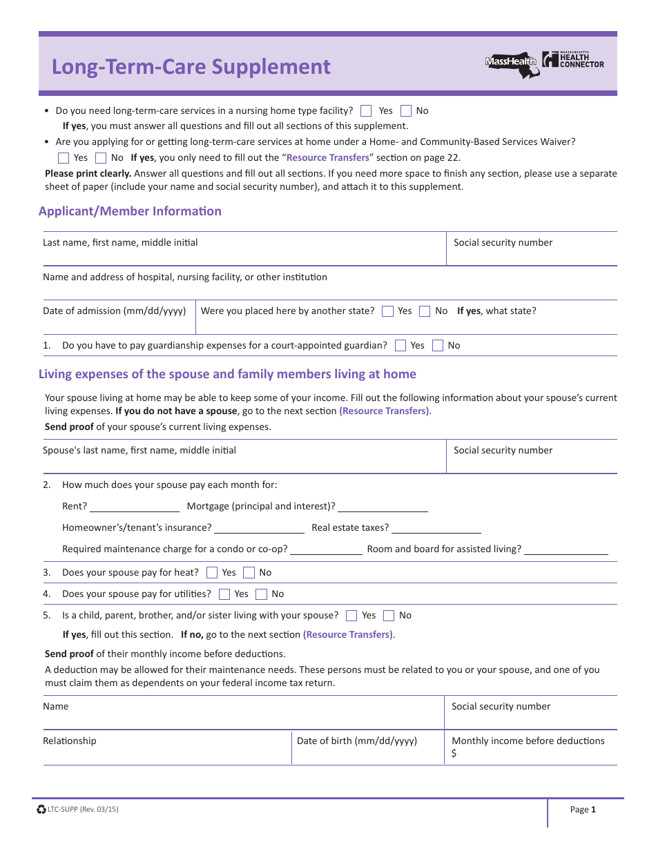 Form LTC-SUPP Long-Term-Care Supplement - Massachusetts, Page 1