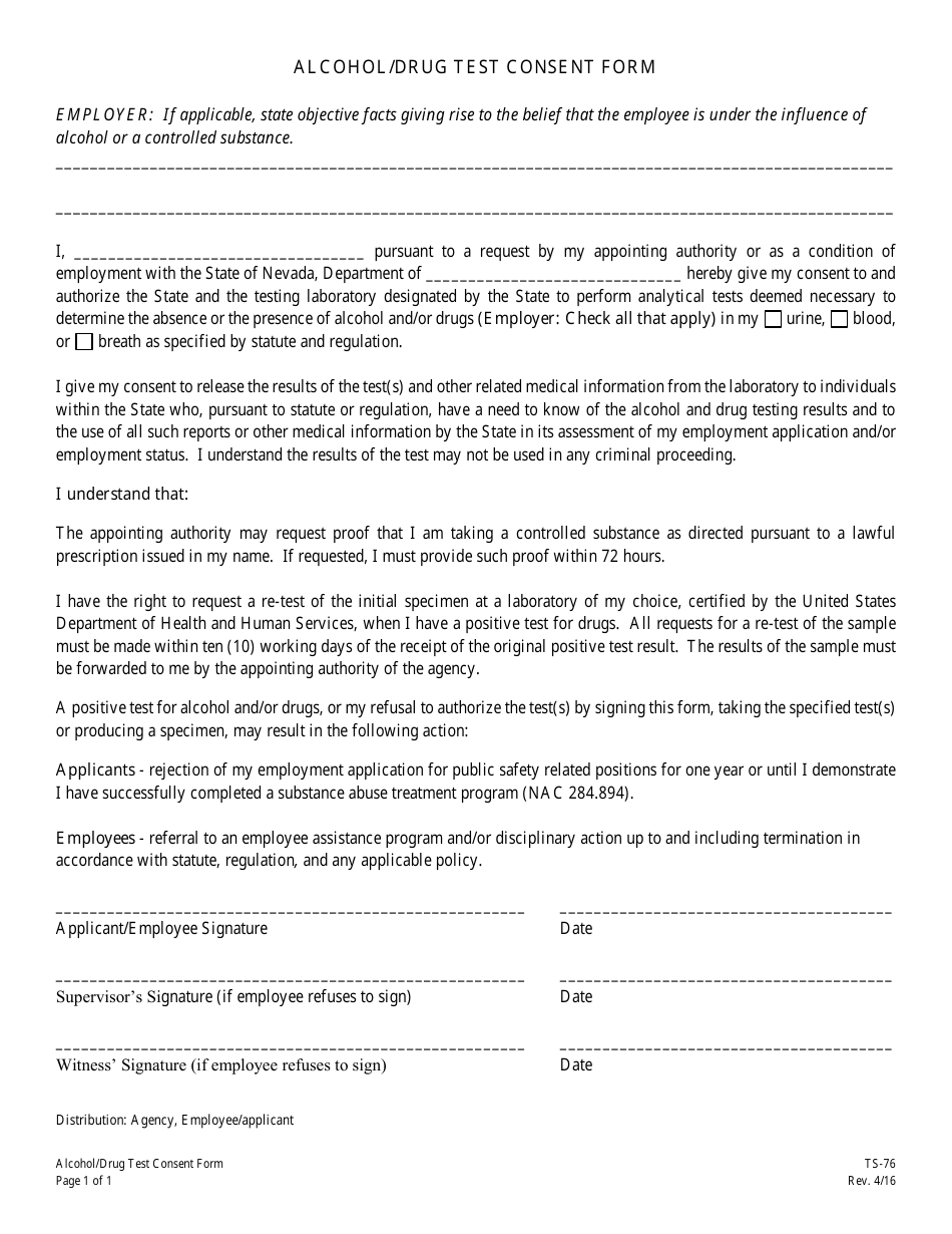 Form TS-76 Alcohol/Drug Test Consent Form - Nevada, Page 1