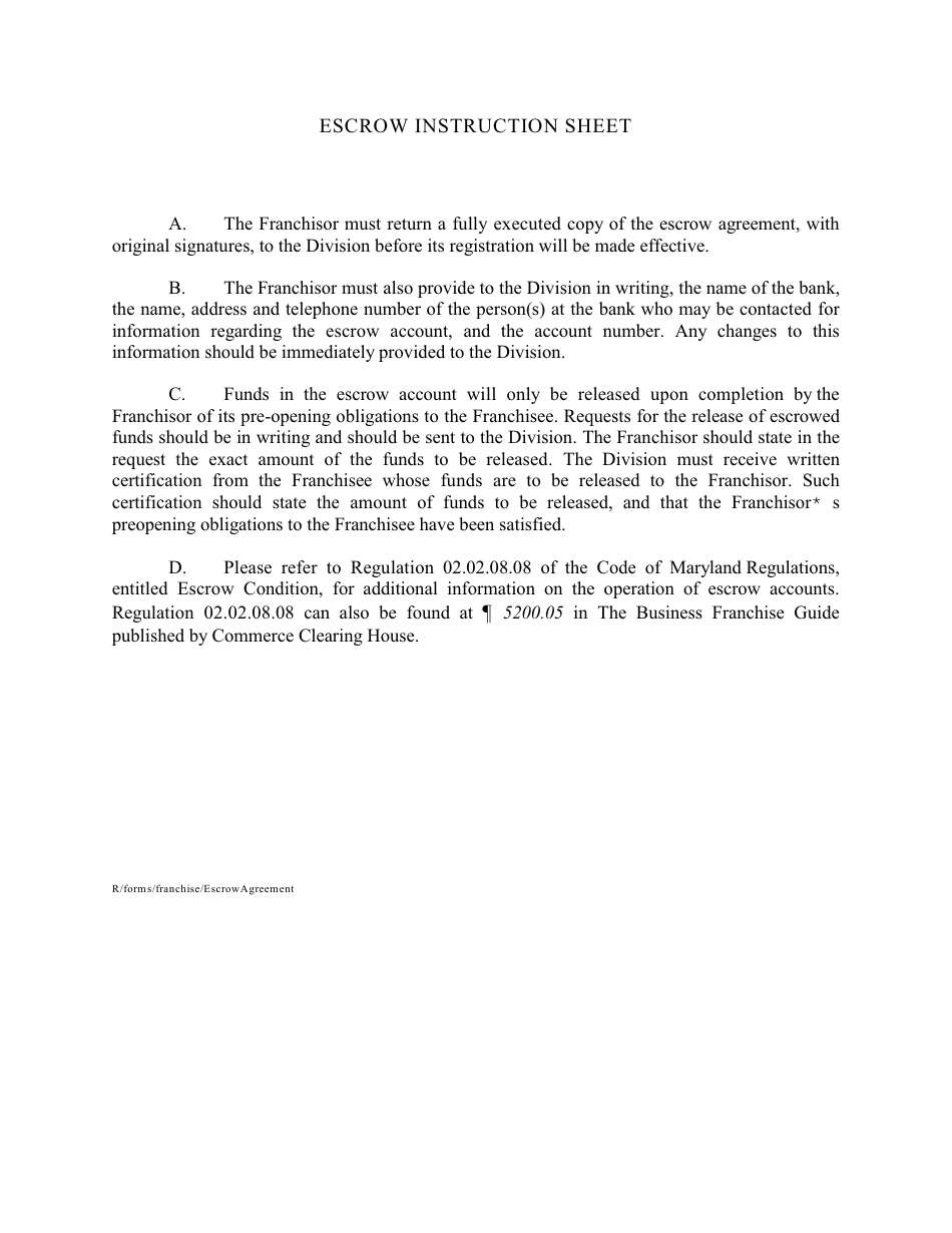 Escrow Agreement - Maryland, Page 1