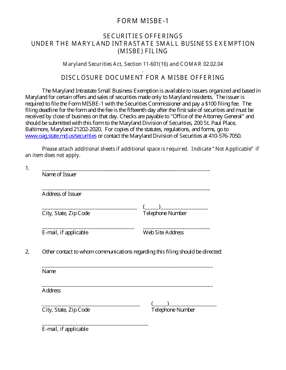 Form MISBE-1 Notice of Maryland Intrastate Business Exemption - Maryland, Page 1