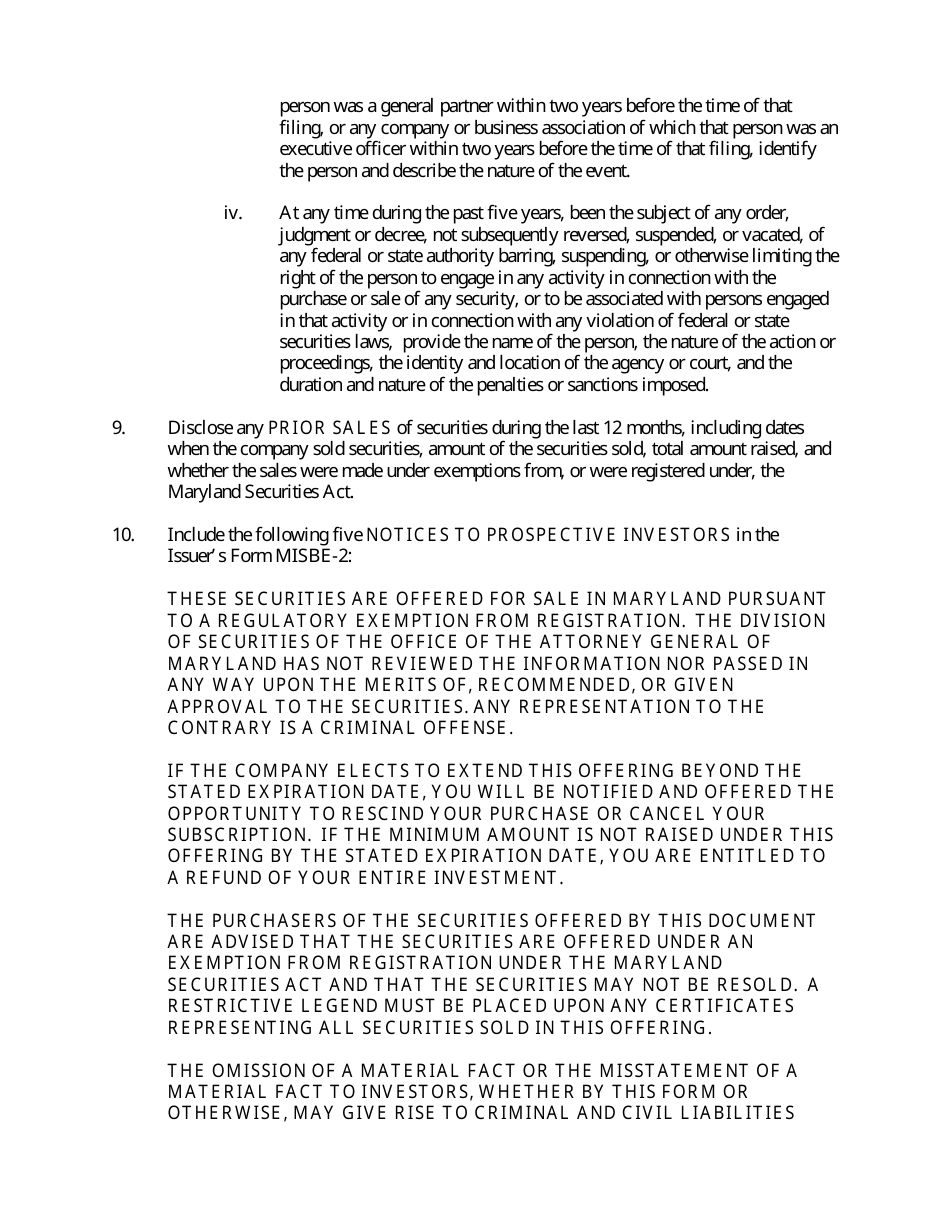 Form MISBE-2 Disclosure Document for a Misbe Offering - Maryland, Page 5
