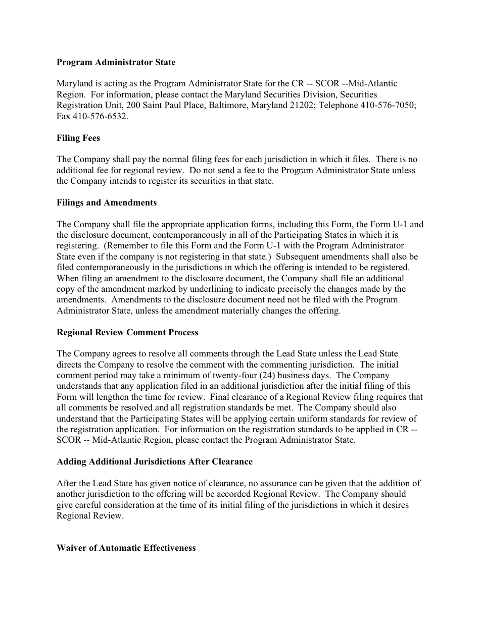 Form CR-SCOR Small Business Securities Offering Application - Mid-atlantic Region Program - Maryland, Page 2