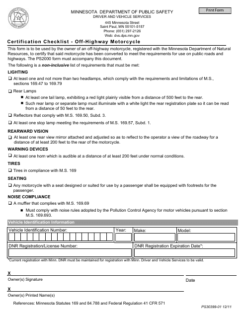 Form PS30399-01 Certification Checklist - Off-Highway Motorcycle - Minnesota