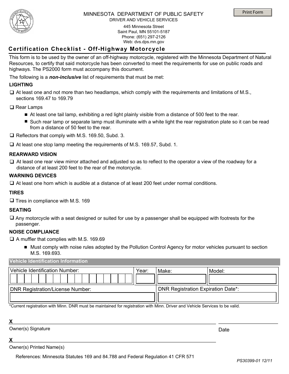 Form PS30399-01 Certification Checklist - Off-Highway Motorcycle - Minnesota, Page 1
