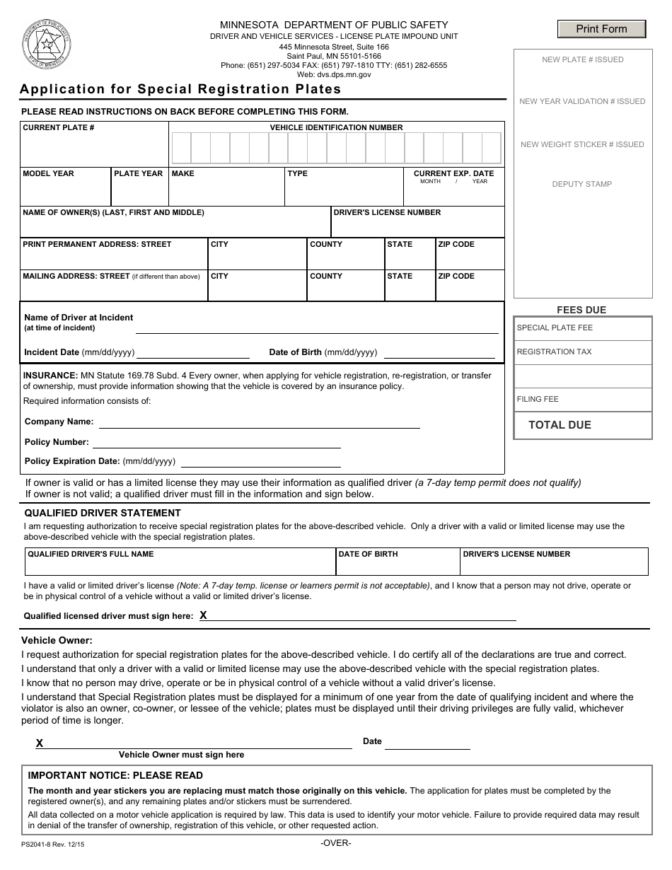 Form PS2041 Application for Special Registration Plates - Minnesota, Page 1