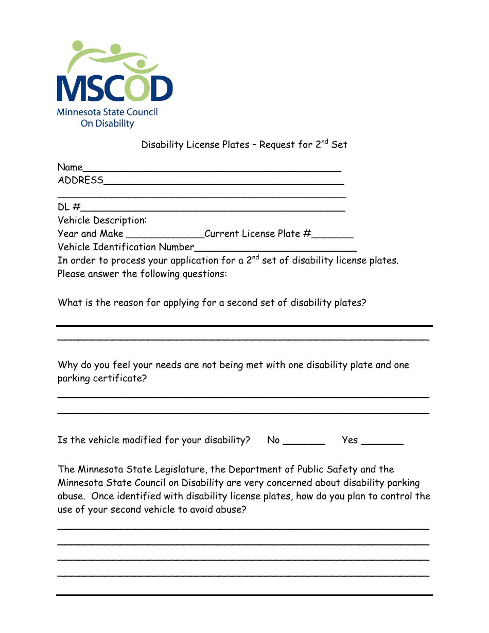 Minnesota Disability License Plates '" Request for 2nd Set Fill Out