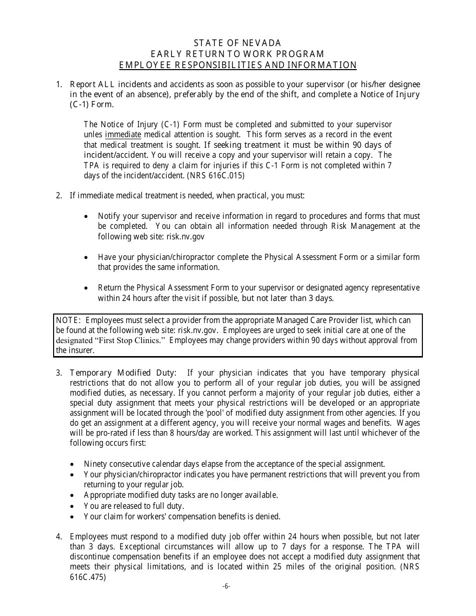 Early Return to Work Program Employee Responsibilities and Information - Nevada, Page 1