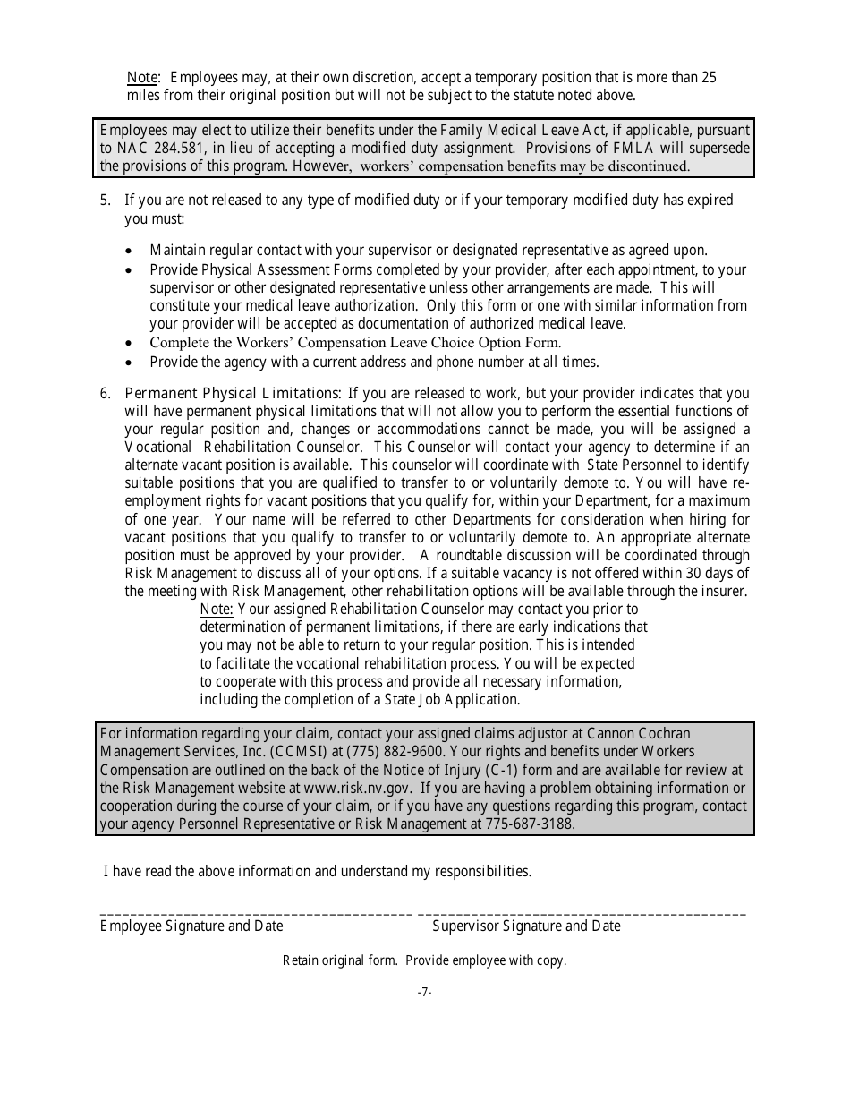 Early Return to Work Program Employee Responsibilities and Information - Nevada, Page 2