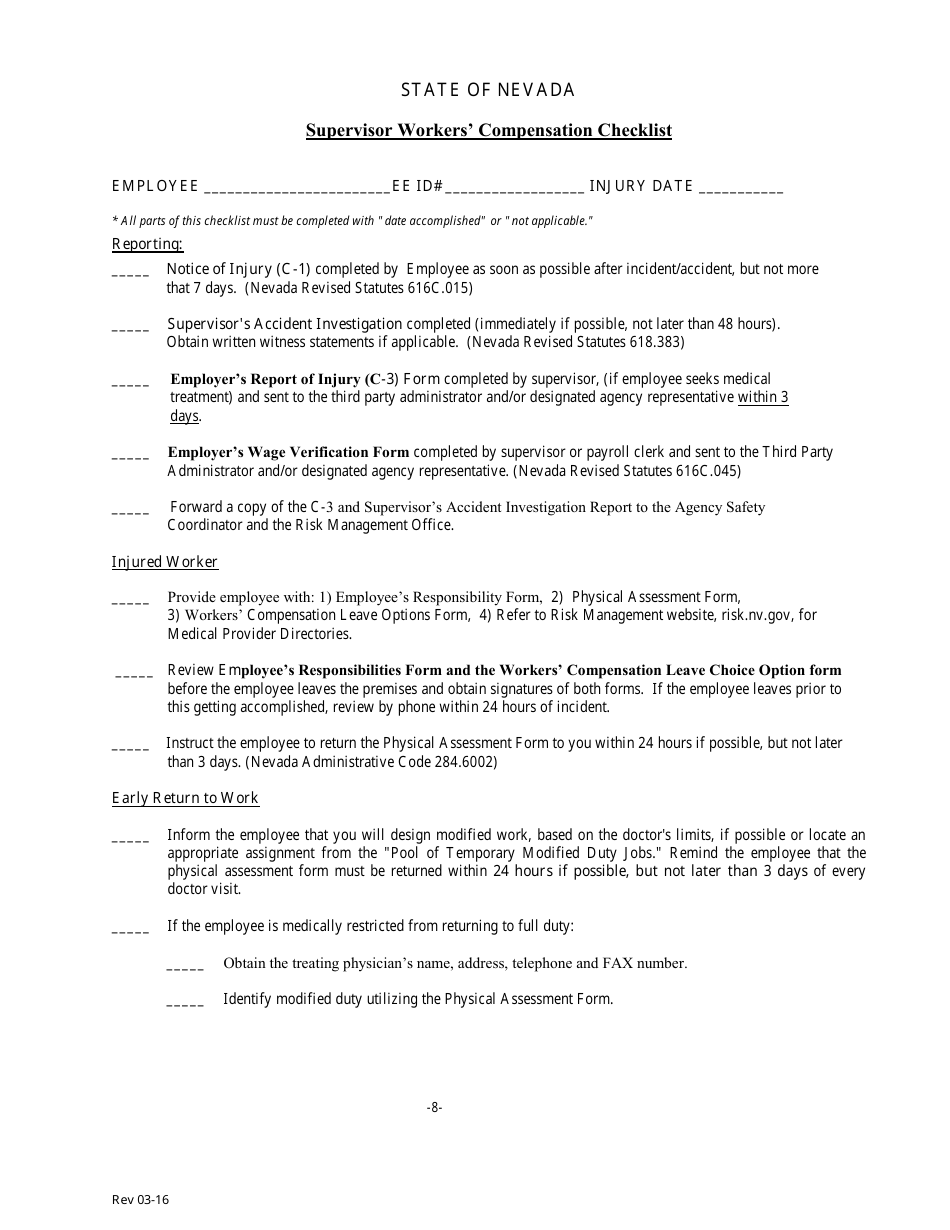 Supervisor Workers Compensation Checklist - Nevada, Page 1