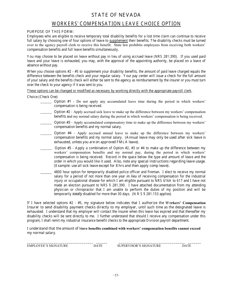 Nevada Workers' Compensation Leave Choice Option - Fill Out, Sign 