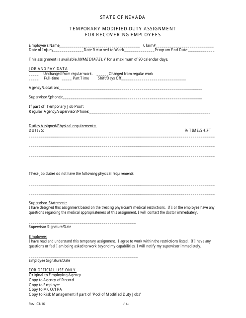 &quot;Temporary Modified-Duty Assignment for Recovering Employees&quot; - Nevada Download Pdf