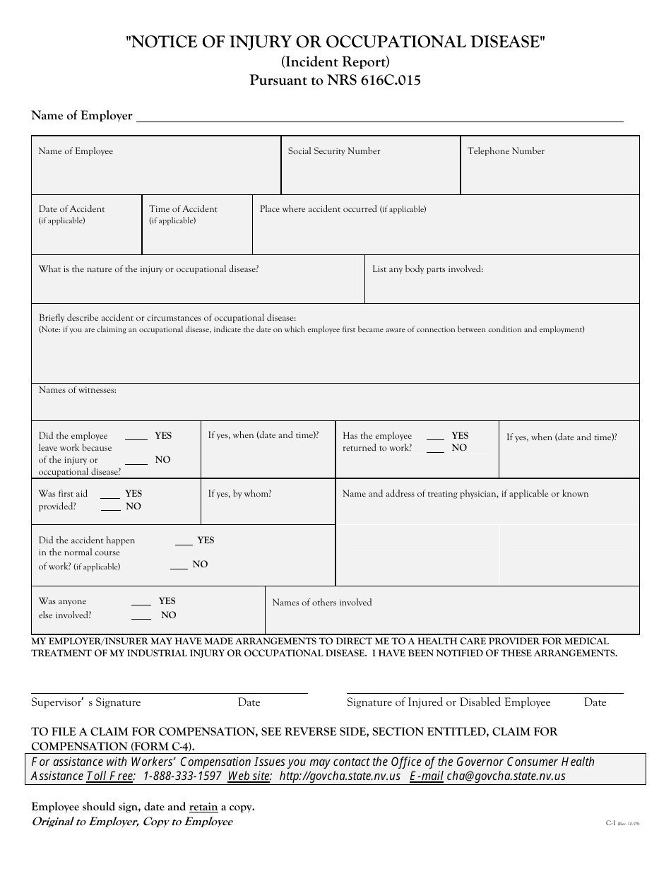 Notice of Injury or Occupational Disease (Incident Report) - Nevada, Page 1