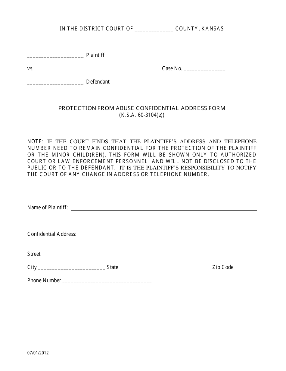 Protection From Abuse Confidential Address Form - Kansas, Page 1