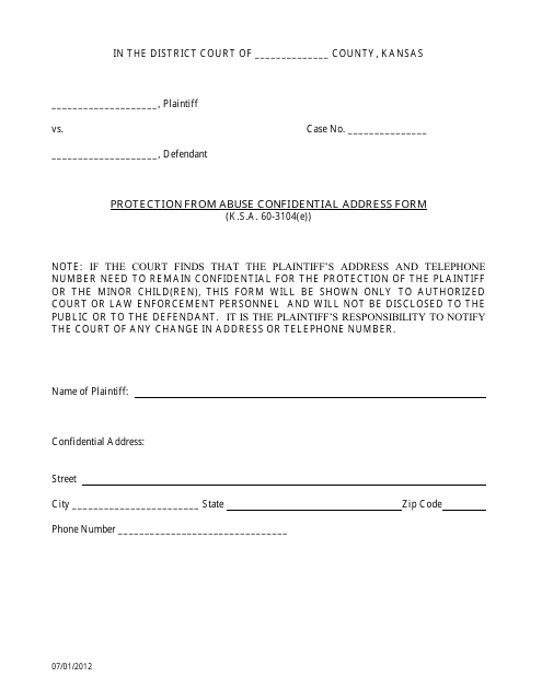 Protection From Abuse Confidential Address Form - Kansas