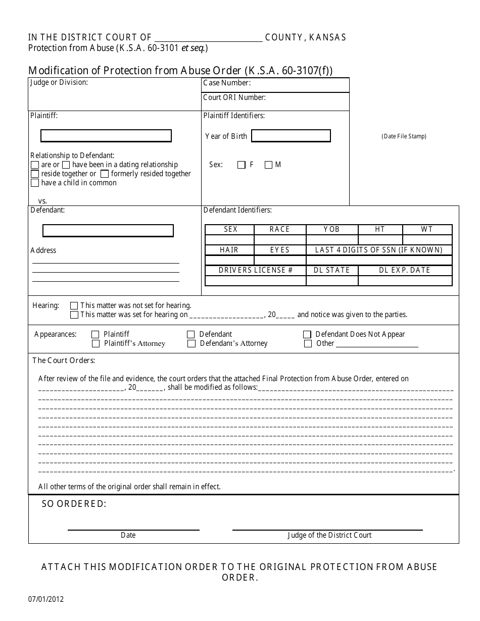 Kansas Modification of Protection From Abuse Order Download Printable ...